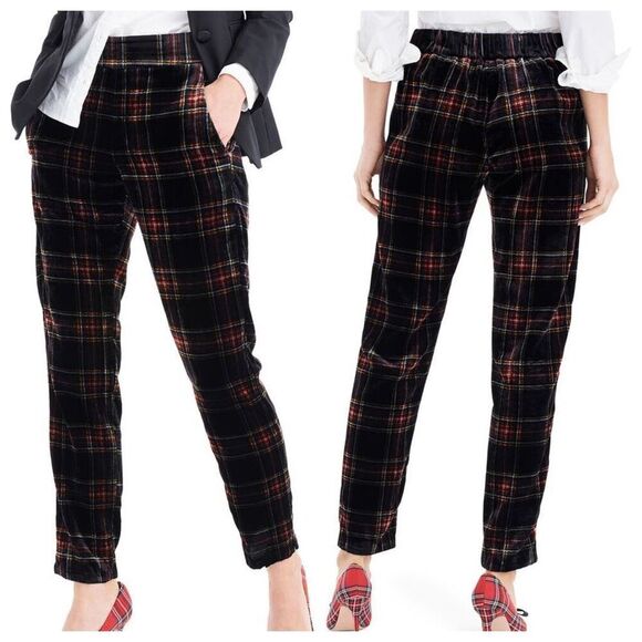 J. Crew Pull-On Easy Pant in Velvet Stewart Tartan  Black Multi Plaid Holiday Sz - Picture 1 of 15